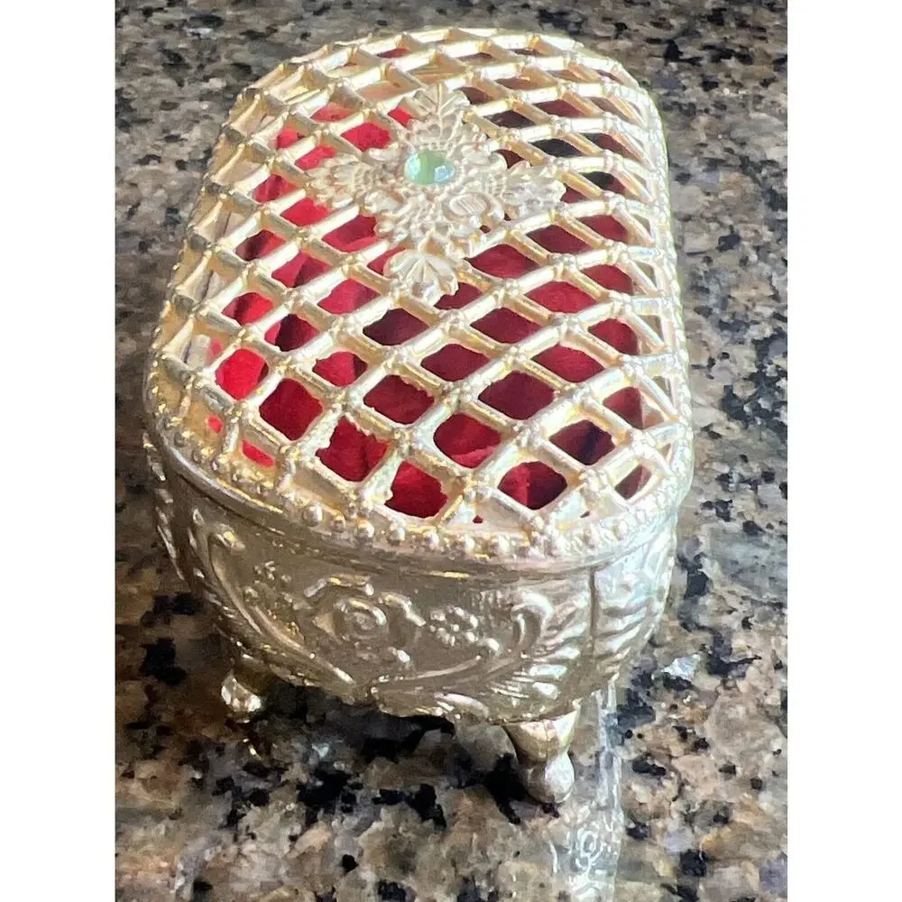 Vtg Embossed Footed Trinket Jewelry Box Red Velvet Lined Japan